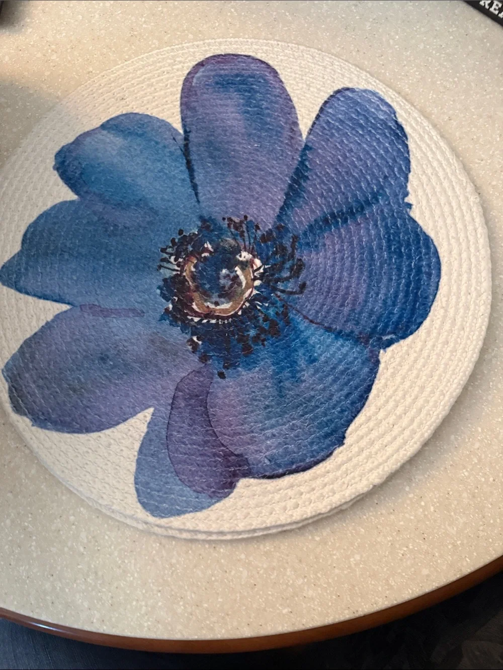 6 Round Placemat with Large Blue Floral Print elegant fun decor